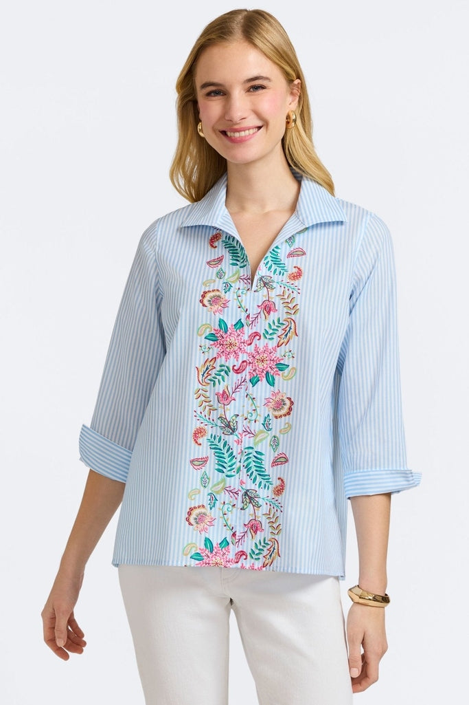 Agnes Striped Floral Sleeve Popover Shirt