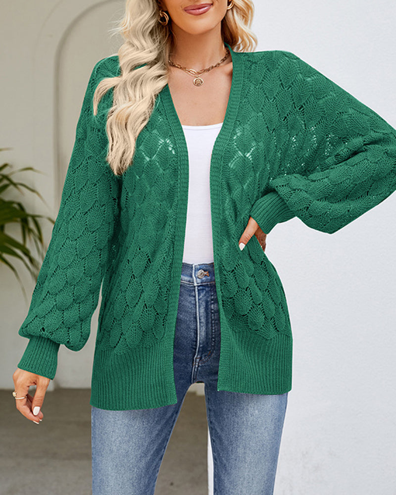 Solid Color Hollowed Out Knitted Cardigan Loose V-Neck Long Sleeved Cardigan Top – Green M