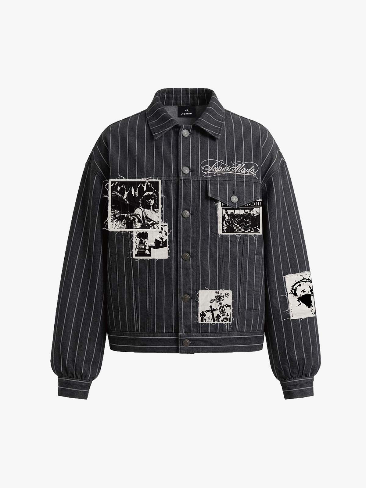 Vintage Pinstripe Patchwork Baggy Denim Set – Black Jacket