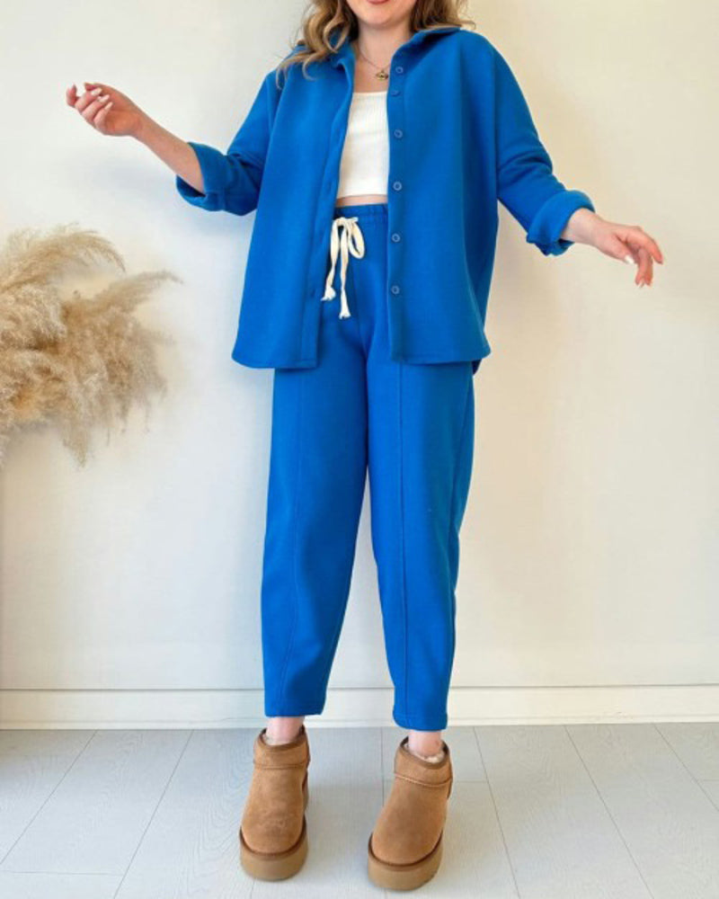 Simple Casual Two-Piece Set with Fleece Inside Lapel-Neck Shirt+Wide-leg Pants – Blue Simple Casual Two-Piece Set with Fleece Inside Lapel-Neck Shirt+Wide-leg Pants – Blue
