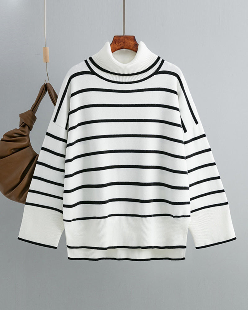 Striped Sweater Casual Turtleneck Knit Pullover Jumper Tops – White S Striped Sweater Casual Turtleneck Knit Pullover Jumper Tops – White S