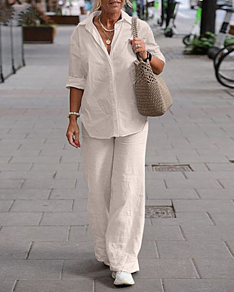 Two Piece Set Lapel Long-sleeved Shirt Casual Solid Color Wide-leg Pants Suit – Beige
