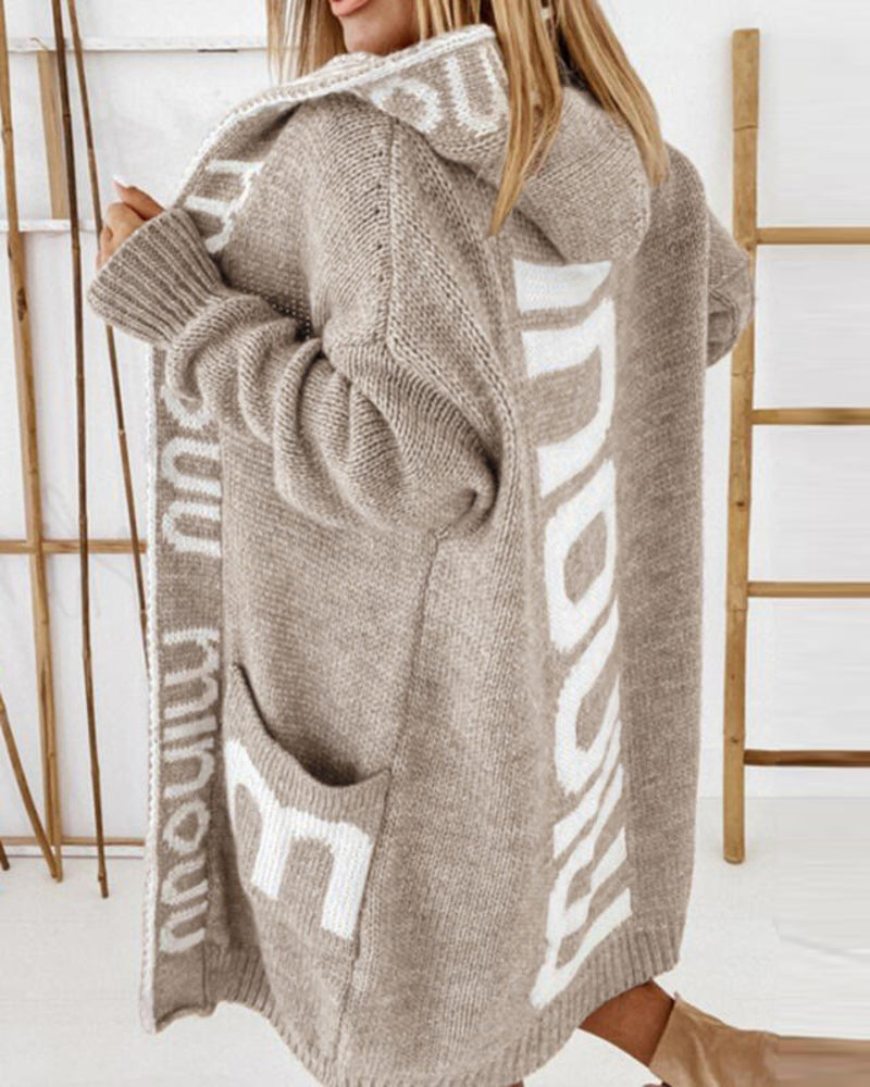 Long Elegant Stripe Cardigan Wool Long Sleeve Hooded Letter Knitted Coat – Khaki M
