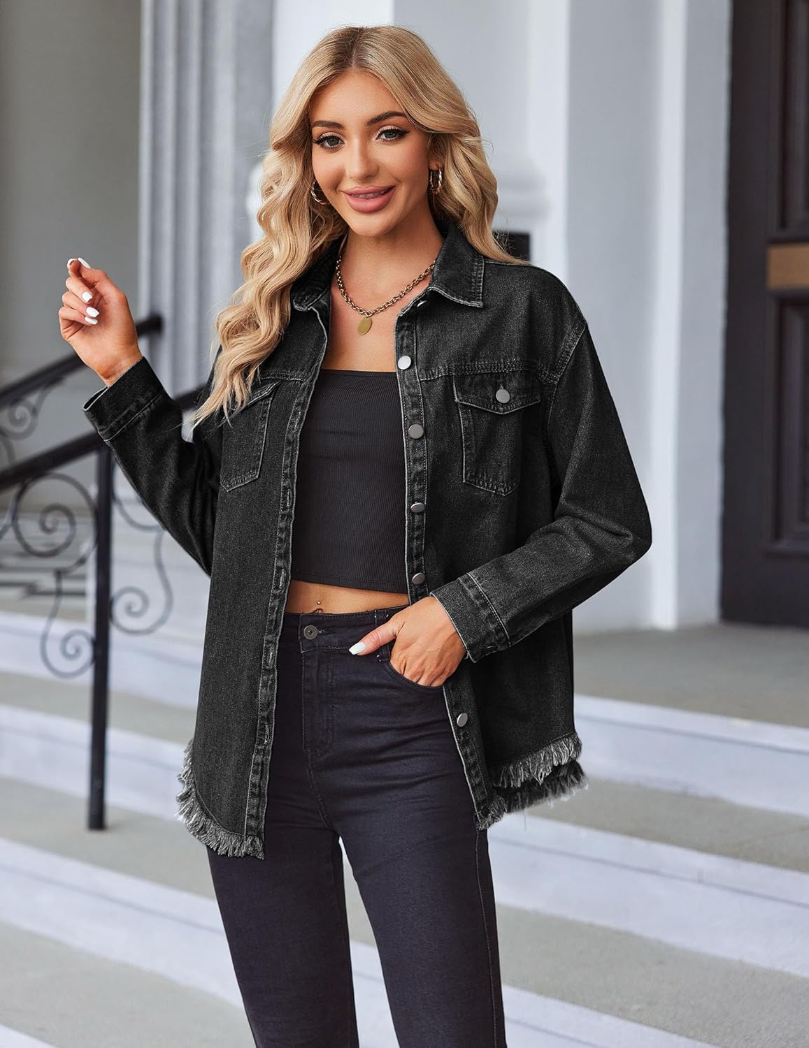 Zeagoo Jean Jackets Ripped Stretchy Denim Jean Jacket – Black