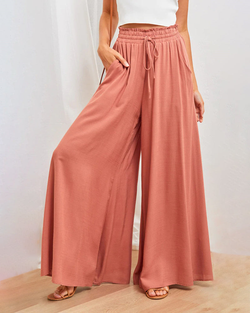 Wide Leg Flowy Pants Summer Boho Elastic Waist Drawstring Palazzo Trousers – Orange S Wide Leg Flowy Pants Summer Boho Elastic Waist Drawstring Palazzo Trousers – Orange S