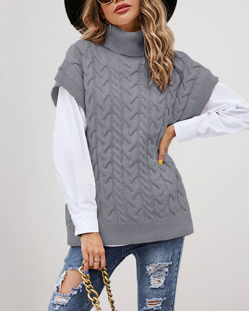 Turtleneck Sleeveless Cable Knitted Tank Tops Casual Loose Solid Sweater – Grey S