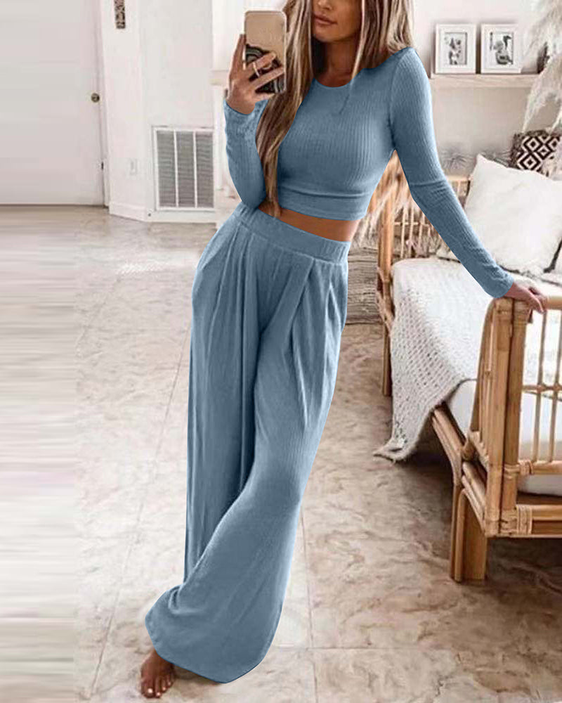 Two Pieces Sets Long Sleeve Crop Thread Top Casual High Waist Wide Leg Pants – Blue M