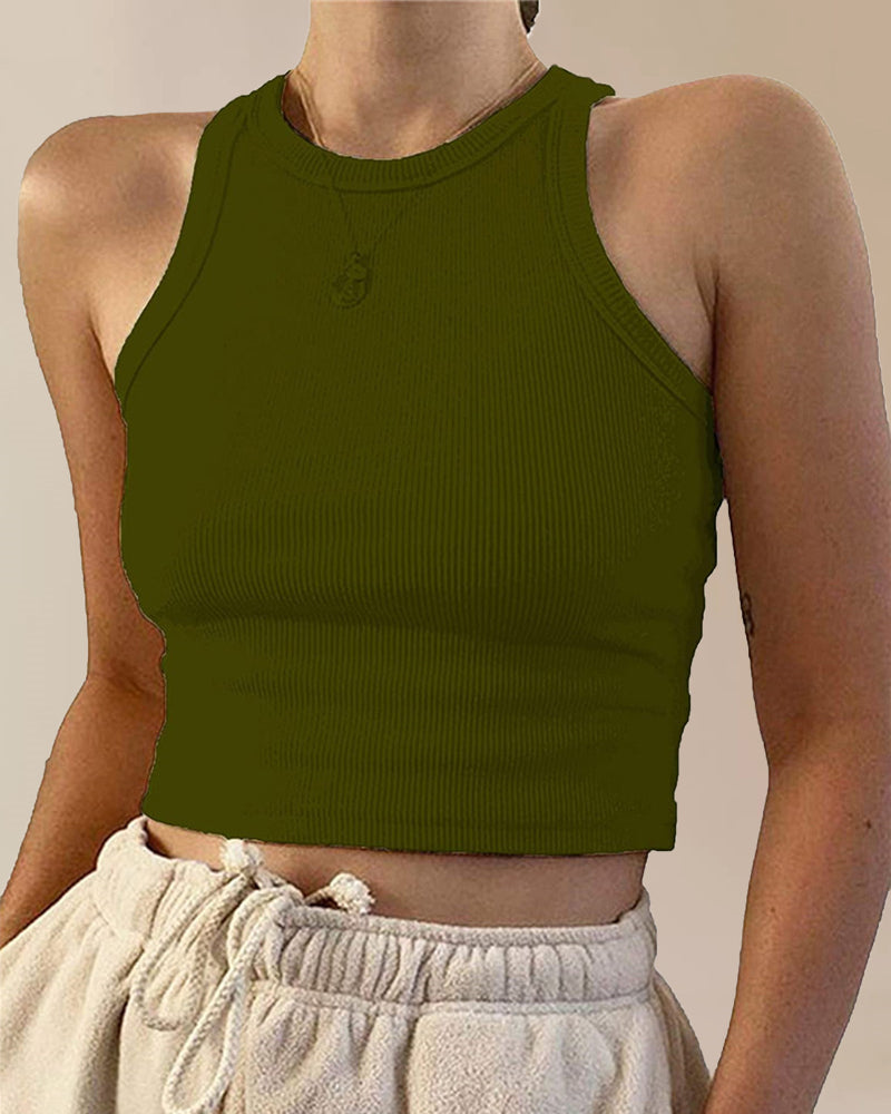 Round Neck Basic Racerback Ribbed Tank Top – Army Green Round Neck Basic Racerback Ribbed Tank Top – Army Green