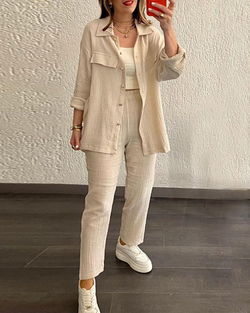Zeagoo Double Crepe Loose Oversized Lapel Long Sleeve Shirt Casual Pants Set – Beige L-