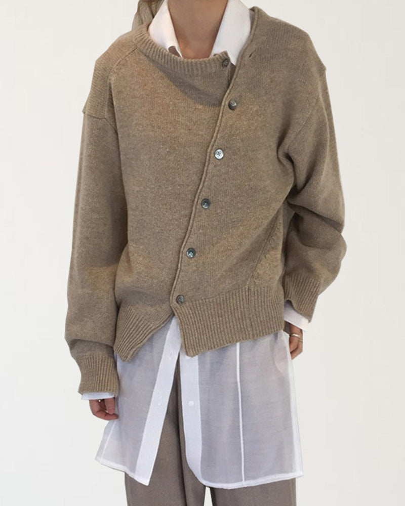 Irregular Button Casual Cardigan Loose Crew Neck Sweater Outerwear – Apricot L- Irregular Button Casual Cardigan Loose Crew Neck Sweater Outerwear – Apricot L-