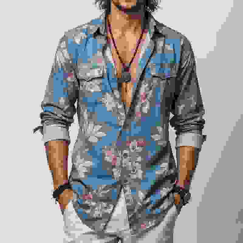 Men’s Floral Lapel Chest Pocket Long Sleeve Shirt MTAGZ Men’s Floral Lapel Chest Pocket Long Sleeve Shirt MTAGZ