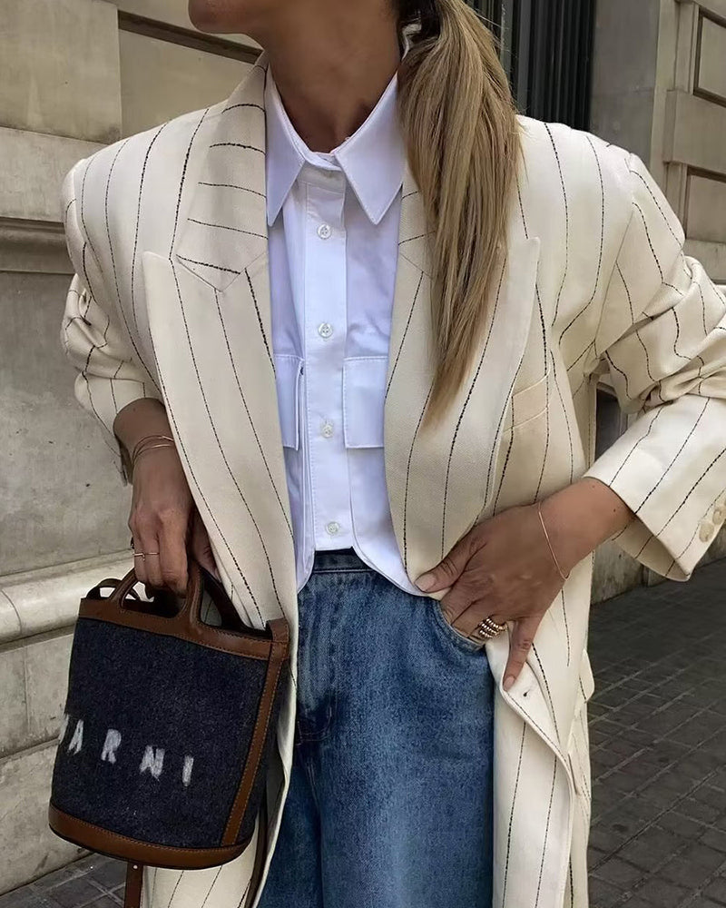 Zeagoo Casual Stripe Blazer Long Sleeve Lapel Work Office Jacket – White L- Zeagoo Casual Stripe Blazer Long Sleeve Lapel Work Office Jacket – White L-