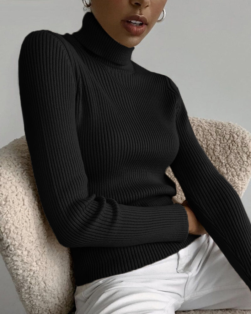 Vertical Stripe Knitted Turtleneck Sweater – Black S Vertical Stripe Knitted Turtleneck Sweater – Black S