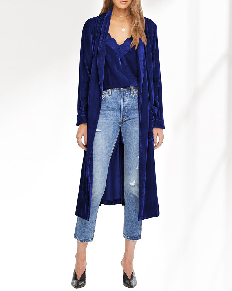 Long Velvet Cardigan Jacket Casual Open Front Velour Lapel Cardigan Maxi Blazer – Blue M
