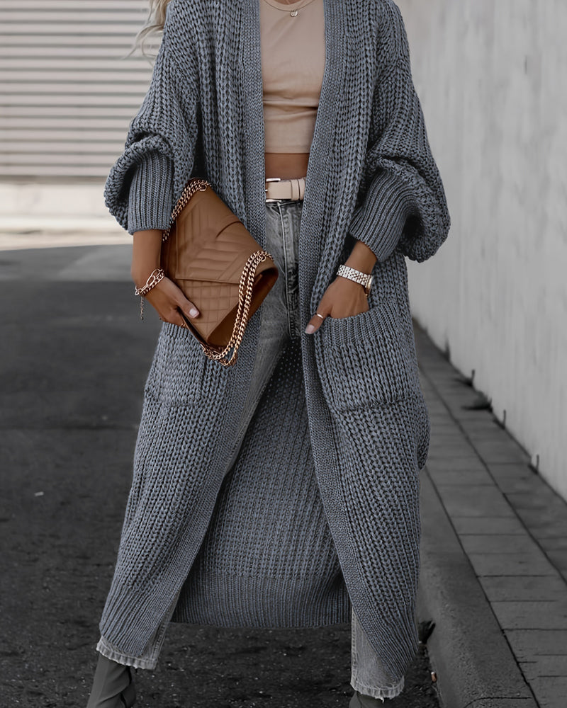 Loose Solid Open Front Pocket Cardigan – Dark Grey L- Loose Solid Open Front Pocket Cardigan – Dark Grey L-