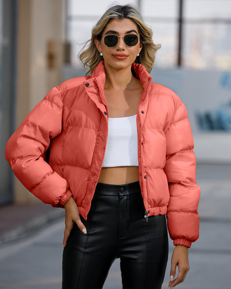 Short Puffer Jacket Stands Up Button Zipper Outerwear – Caramel M