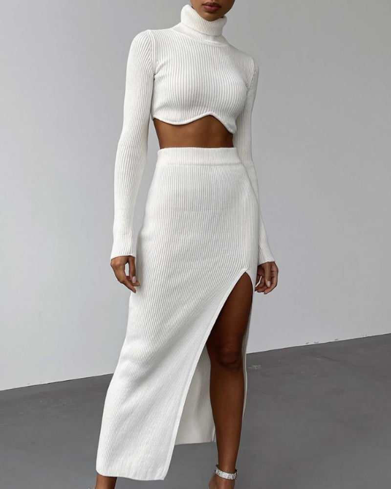 Knited Two Piece Set Long Sleeve Turtleneck Crop Top Split Skirt Outfits – White L- Knited Two Piece Set Long Sleeve Turtleneck Crop Top Split Skirt Outfits – White L-