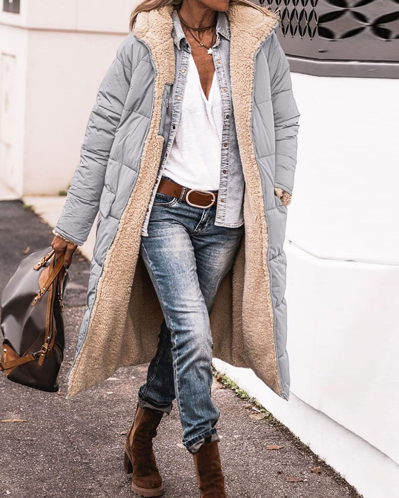 Reversible Sherpa Fleece Long Puffer Coats with Hood Outerwear – Grey M Reversible Sherpa Fleece Long Puffer Coats with Hood Outerwear – Grey M