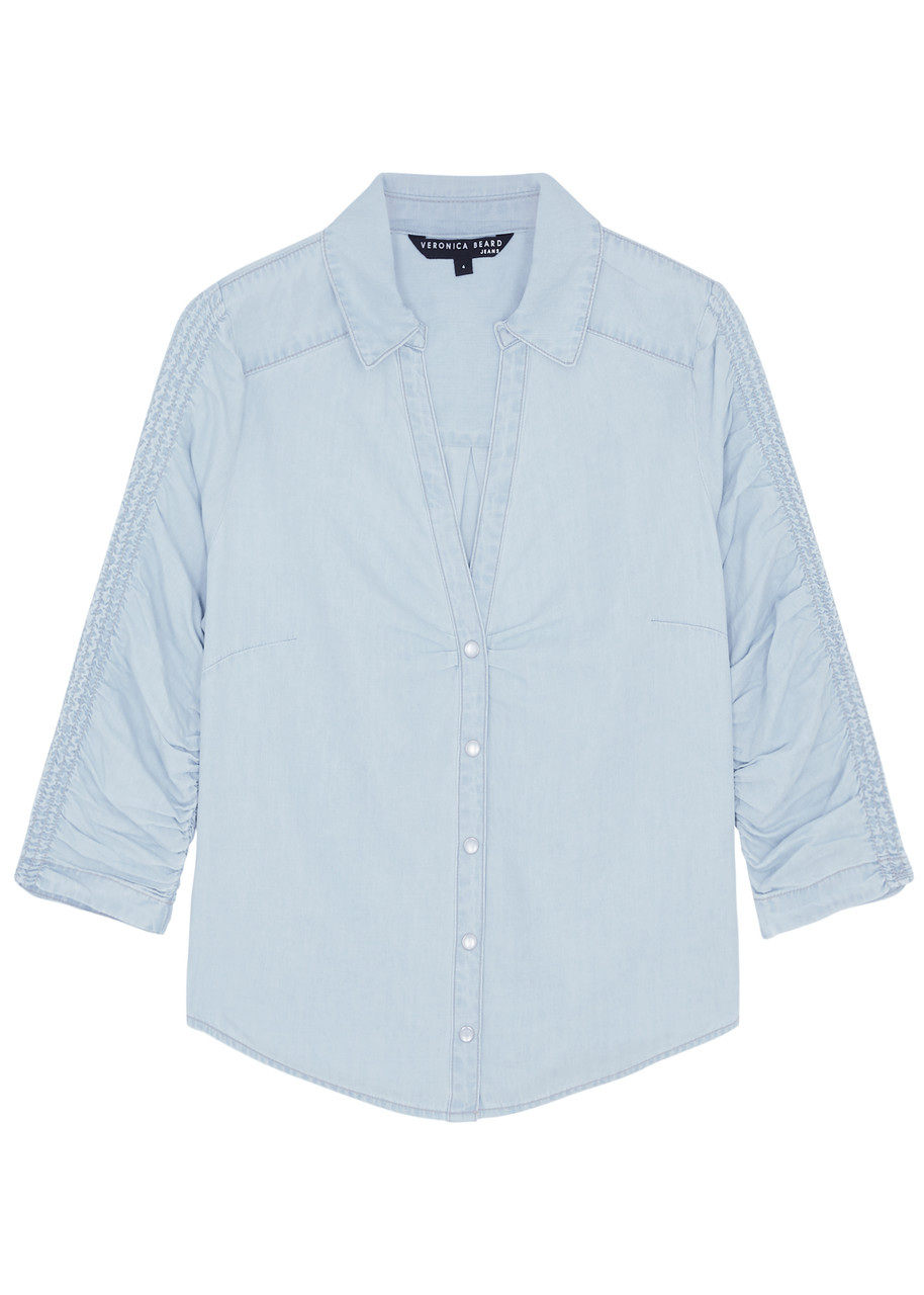 Veronica Beard Porta Ruched Chambray Shirt – Blue Veronica Beard Porta Ruched Chambray Shirt – Blue