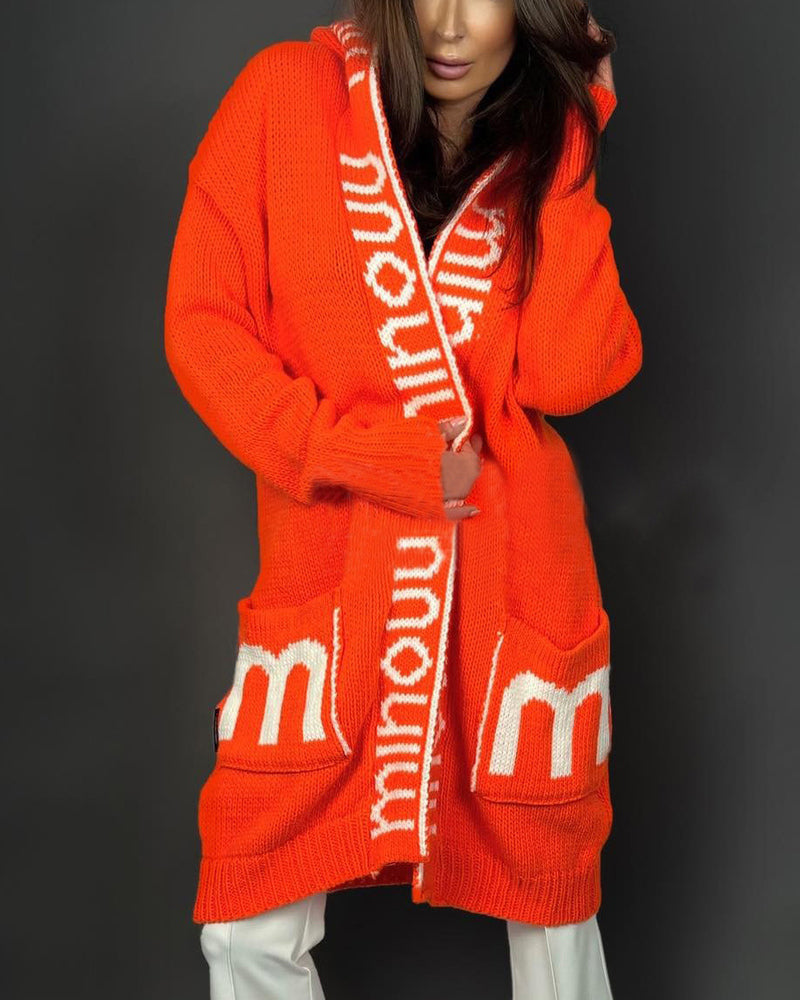 Long Elegant Stripe Cardigan Wool Long Sleeve Hooded Letter Knitted Coat – Orange S