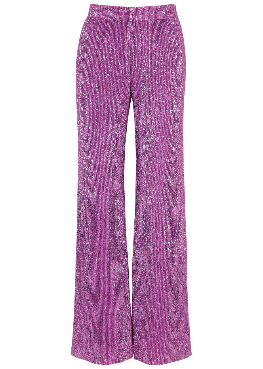 Stine Goya Markus Sequin-embellished Metallic-knit Trousers – Purple