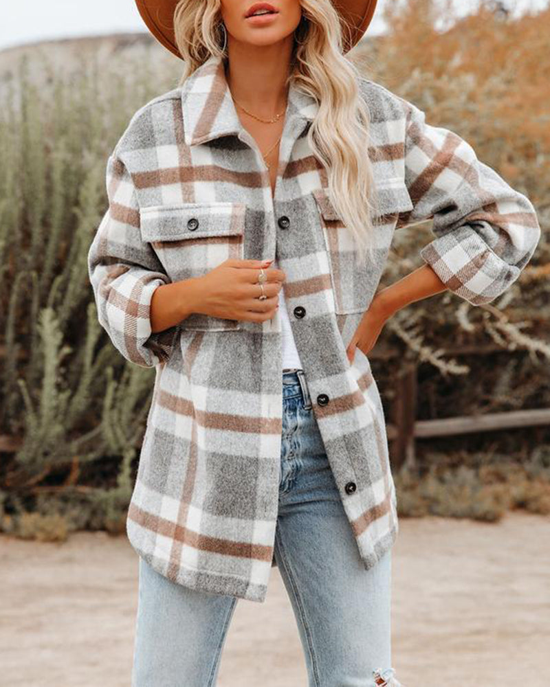 Plaid Button Flannel Wool Shirt Jacket – Grey M Plaid Button Flannel Wool Shirt Jacket – Grey M