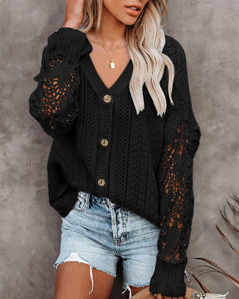 Zeagoo Long Sleeve Lace Cable Knit Sweater Open Front Cardigan Button Loose Shirts – Black S