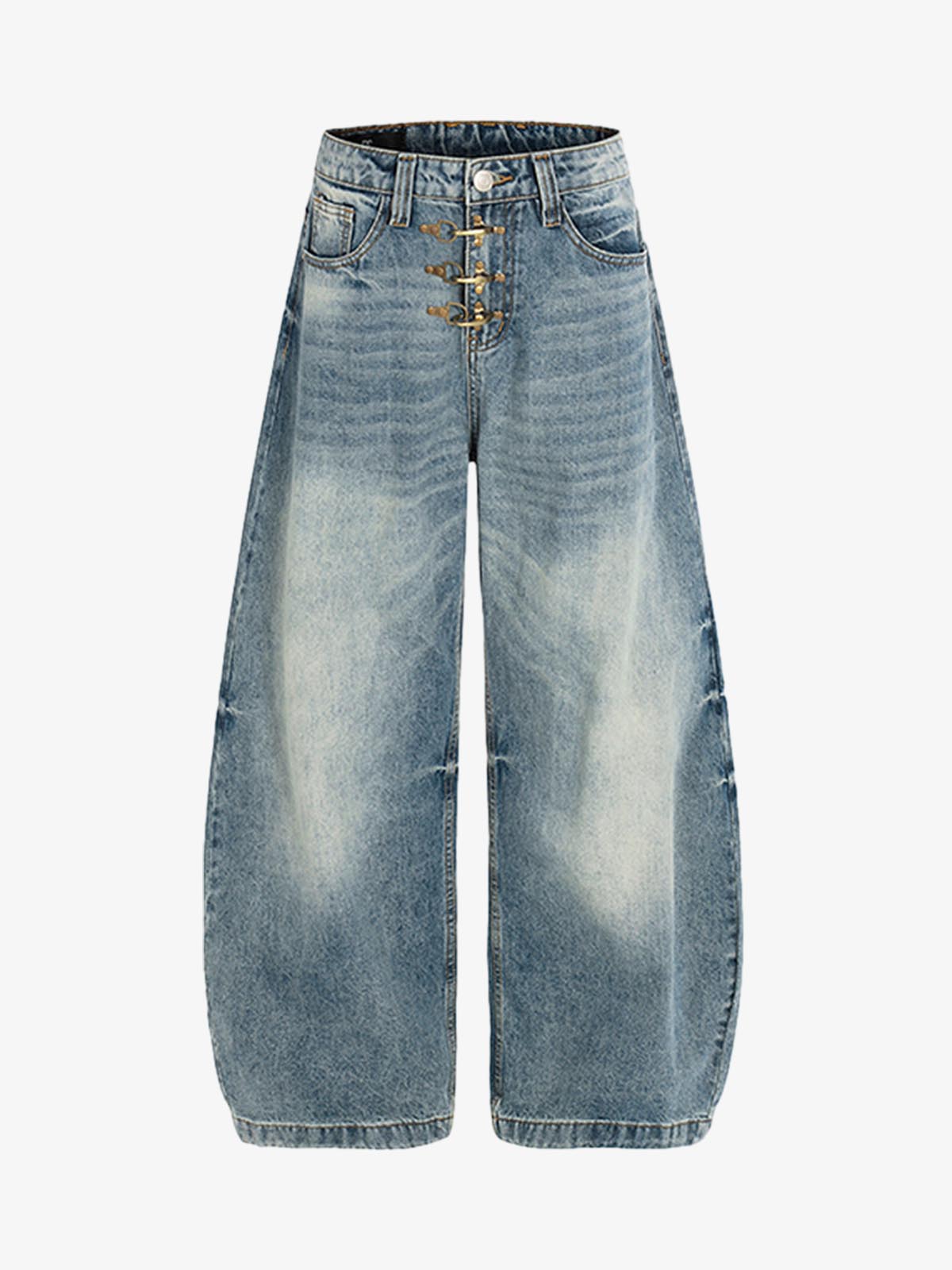 Washed Metal Hook Front Design Barrel Jeans Washed Metal Hook Front Design Barrel Jeans