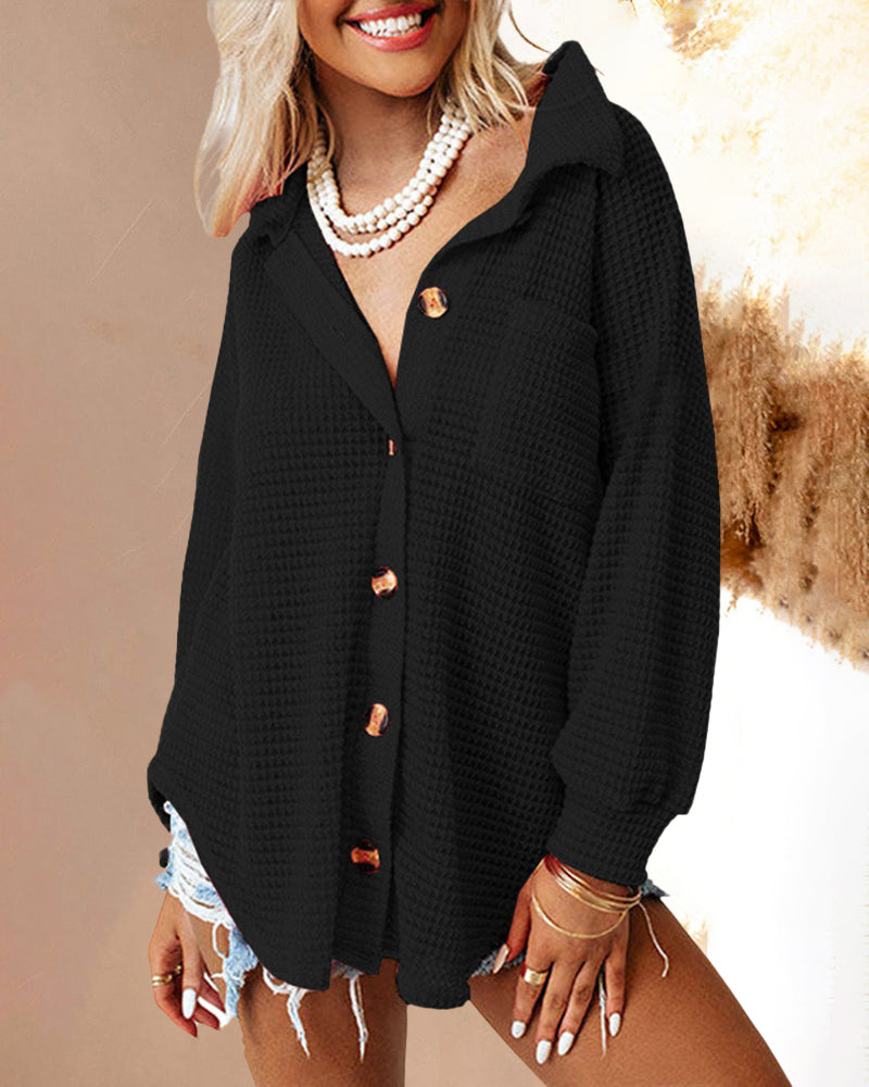 Zeagoo Casual Long Sleeve Top Solid Color Lapel Loose Mid Length Shirt Jacket – Black