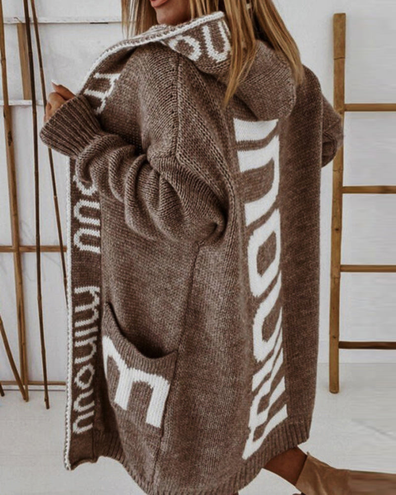 Long Elegant Stripe Cardigan Wool Long Sleeve Hooded Letter Knitted Coat – Coffee S