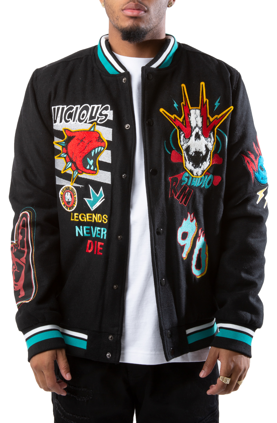 Men Madness Sketch Varsity Jacket BlackTeal Jackets S BlackTeal