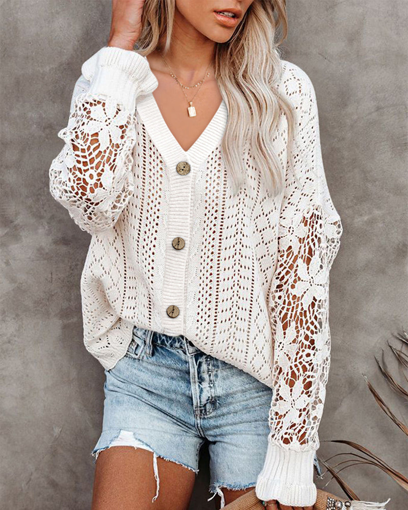 Zeagoo Long Sleeve Lace Cable Knit Sweater Open Front Cardigan Button Loose Shirts – White M Zeagoo Long Sleeve Lace Cable Knit Sweater Open Front Cardigan Button Loose Shirts – White M