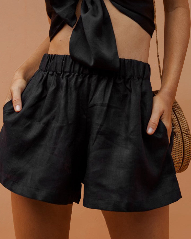 Elastic Waist Cotton Linen Wide Leg Shorts with Pocket – Black Elastic Waist Cotton Linen Wide Leg Shorts with Pocket – Black