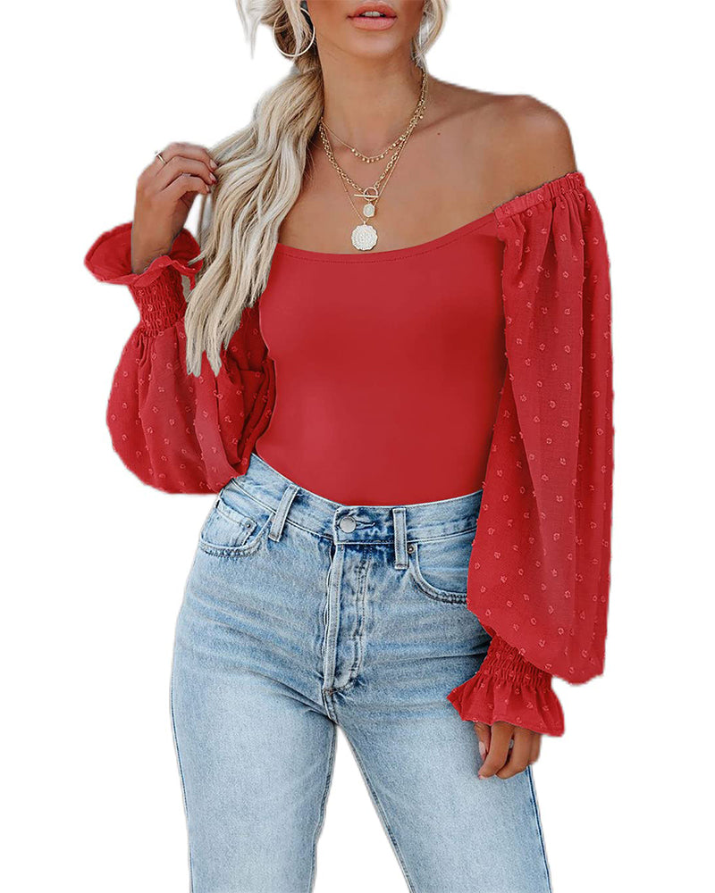 Puff Long Sleeve Bodysuit Leotard Sheer Top – Zeagoo- Red S