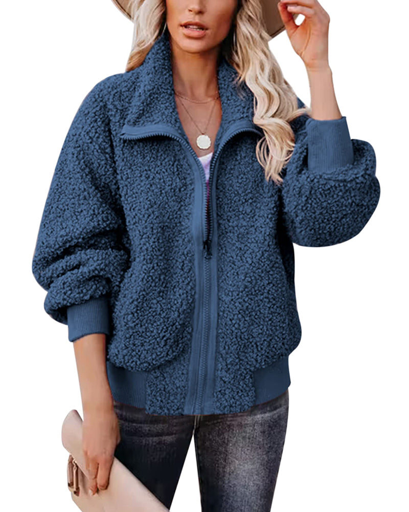 Fuzzy Fleece Jackets Oversized Open Front Coat Zipper OutwearTTShop – Zeagoo- Blue Green
