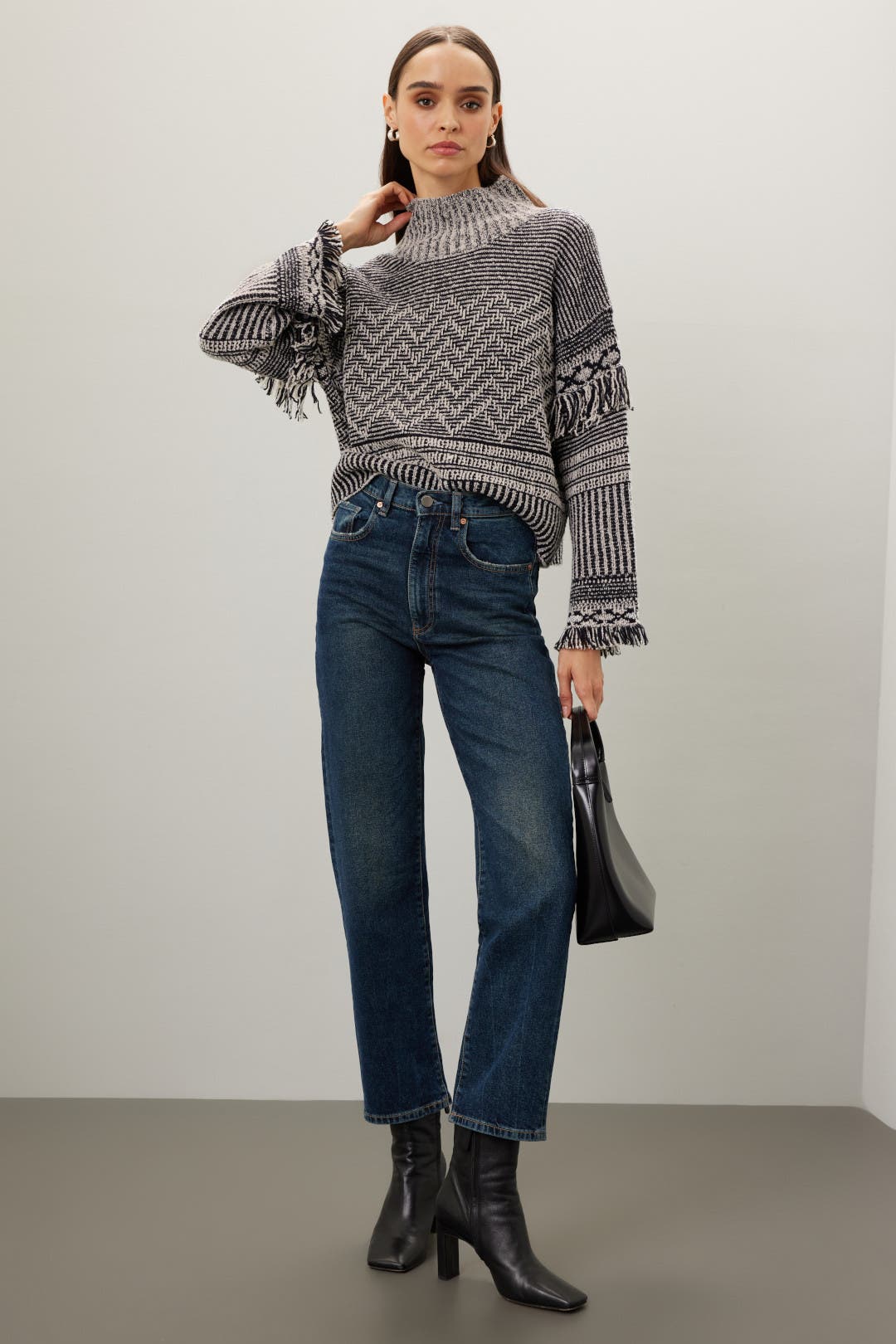 Club Monaco Fringe Turtleneck Sweater Grey-black-print Club Monaco Fringe Turtleneck Sweater Grey-black-print