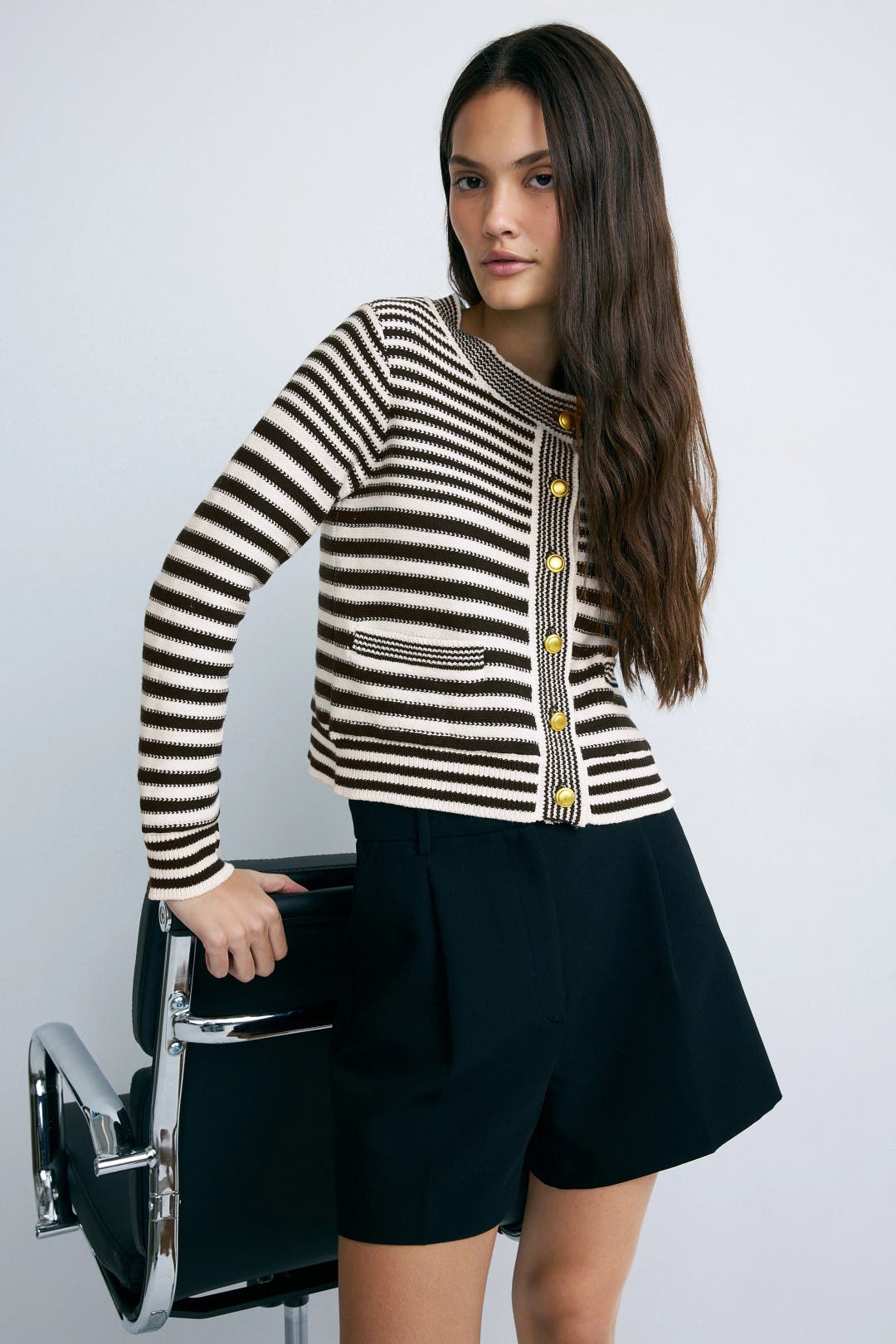 Central Park West Maribel Striped Crew Cardigan Black-white-print