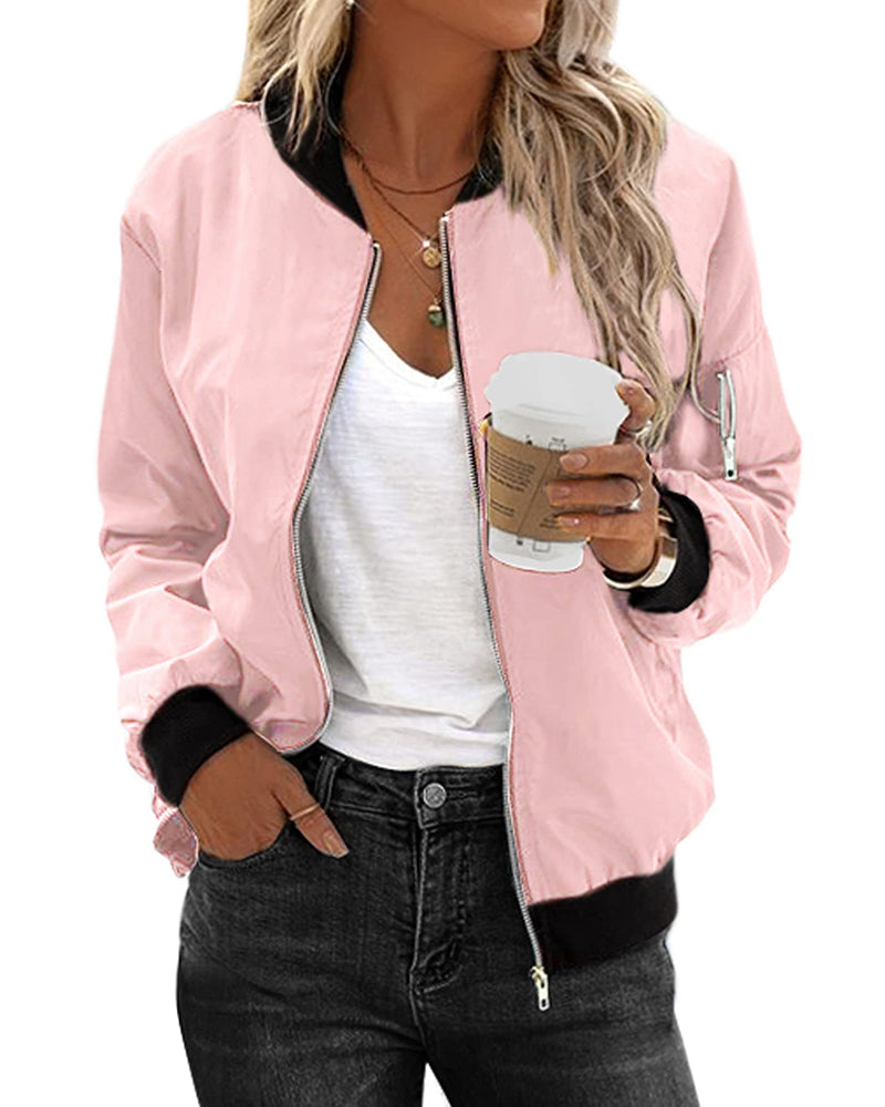 Zeagoo Classic Bomber Jacket Windbreaker with Pockets – Pink M Zeagoo Classic Bomber Jacket Windbreaker with Pockets – Pink M