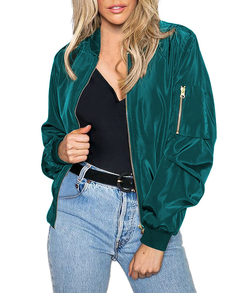 Zeagoo Classic Bomber Jacket Windbreaker with Pockets – Satin-blue Green Zeagoo Classic Bomber Jacket Windbreaker with Pockets – Satin-blue Green