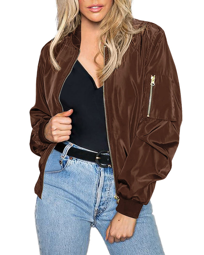 Zeagoo Classic Bomber Jacket Windbreaker with Pockets – Satin-brown Zeagoo Classic Bomber Jacket Windbreaker with Pockets – Satin-brown