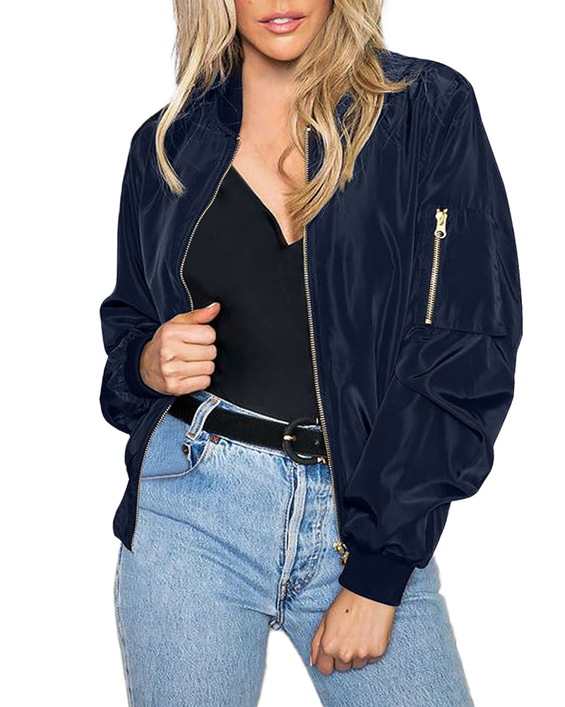 Zeagoo Classic Bomber Jacket Windbreaker with Pockets – Satin-navy Blue S