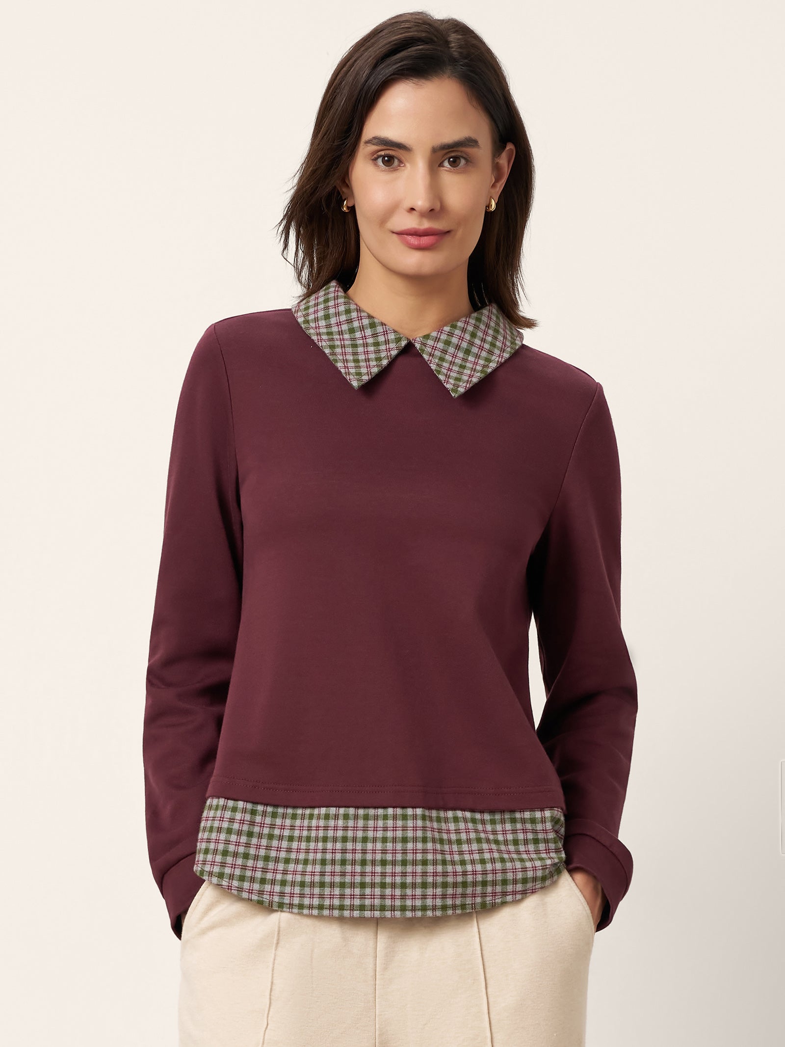 Cotton Plaid Panel Long Sleeve Top RAYNA Cotton Plaid Panel Long Sleeve Top RAYNA