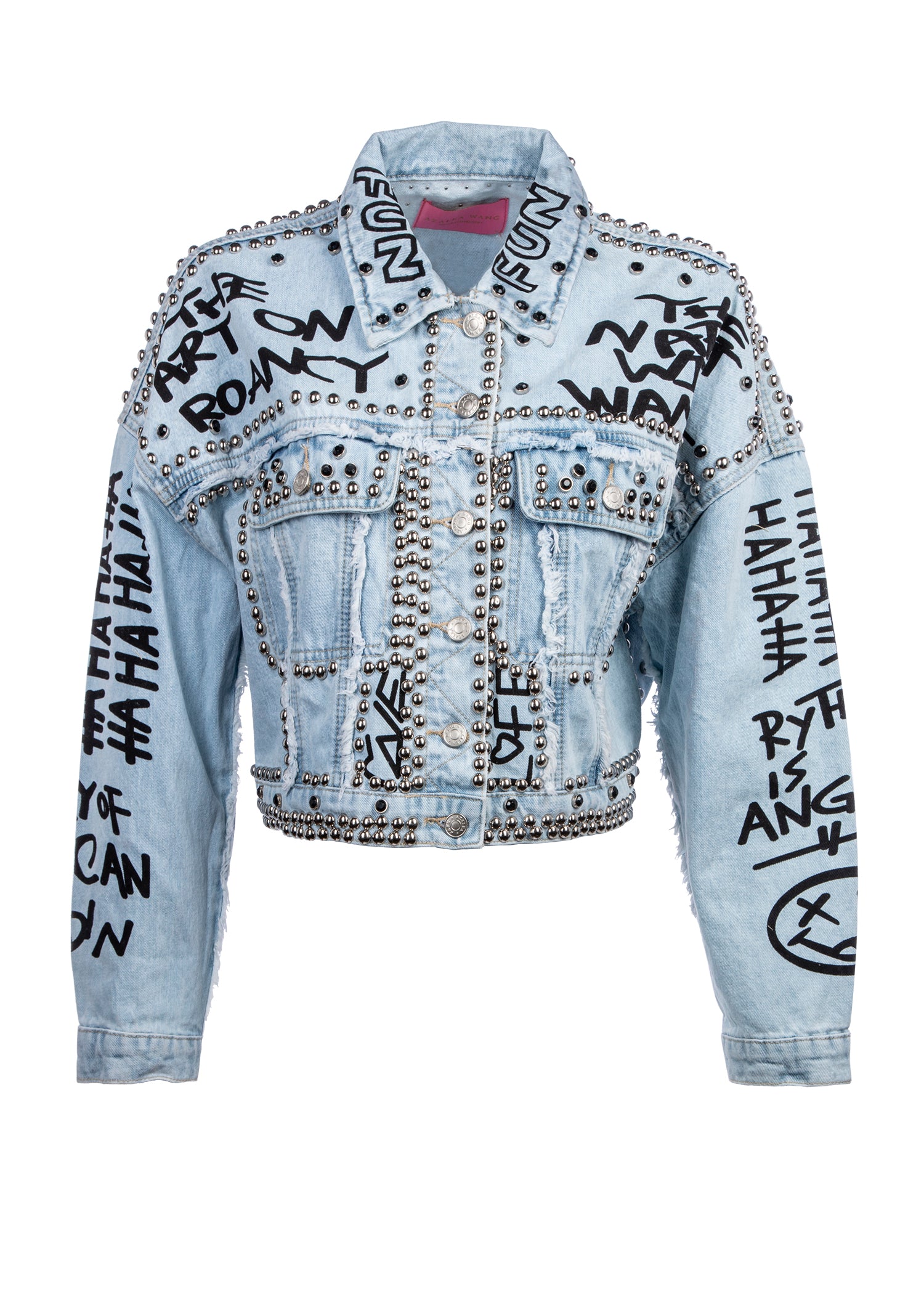 Studded Denim Jacket with Graffiti Design – L Blue Studded Denim Jacket with Graffiti Design – L Blue