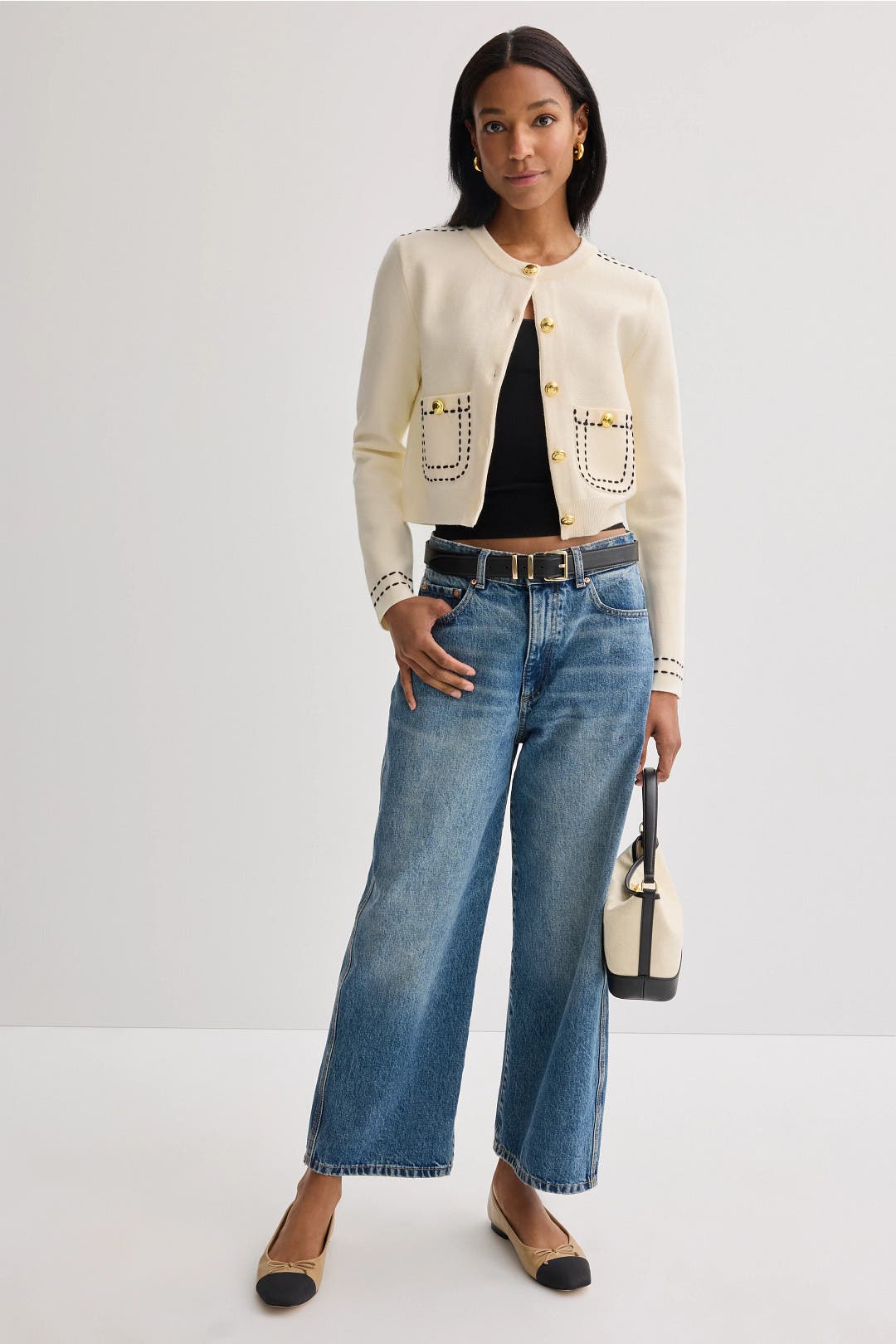 English Factory Stitch Detail Puff Sleeve Cardigan Cream-black English Factory Stitch Detail Puff Sleeve Cardigan Cream-black