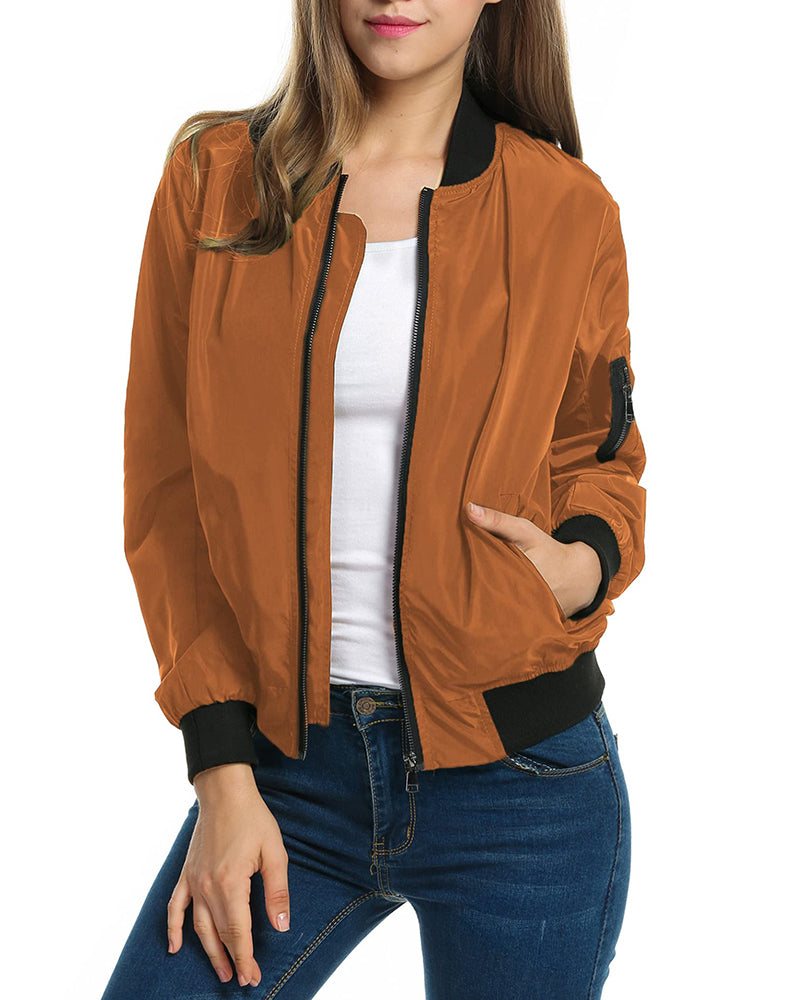 Zip Up Bomber Jacket – Zeagoo- Brown S Zip Up Bomber Jacket – Zeagoo- Brown S