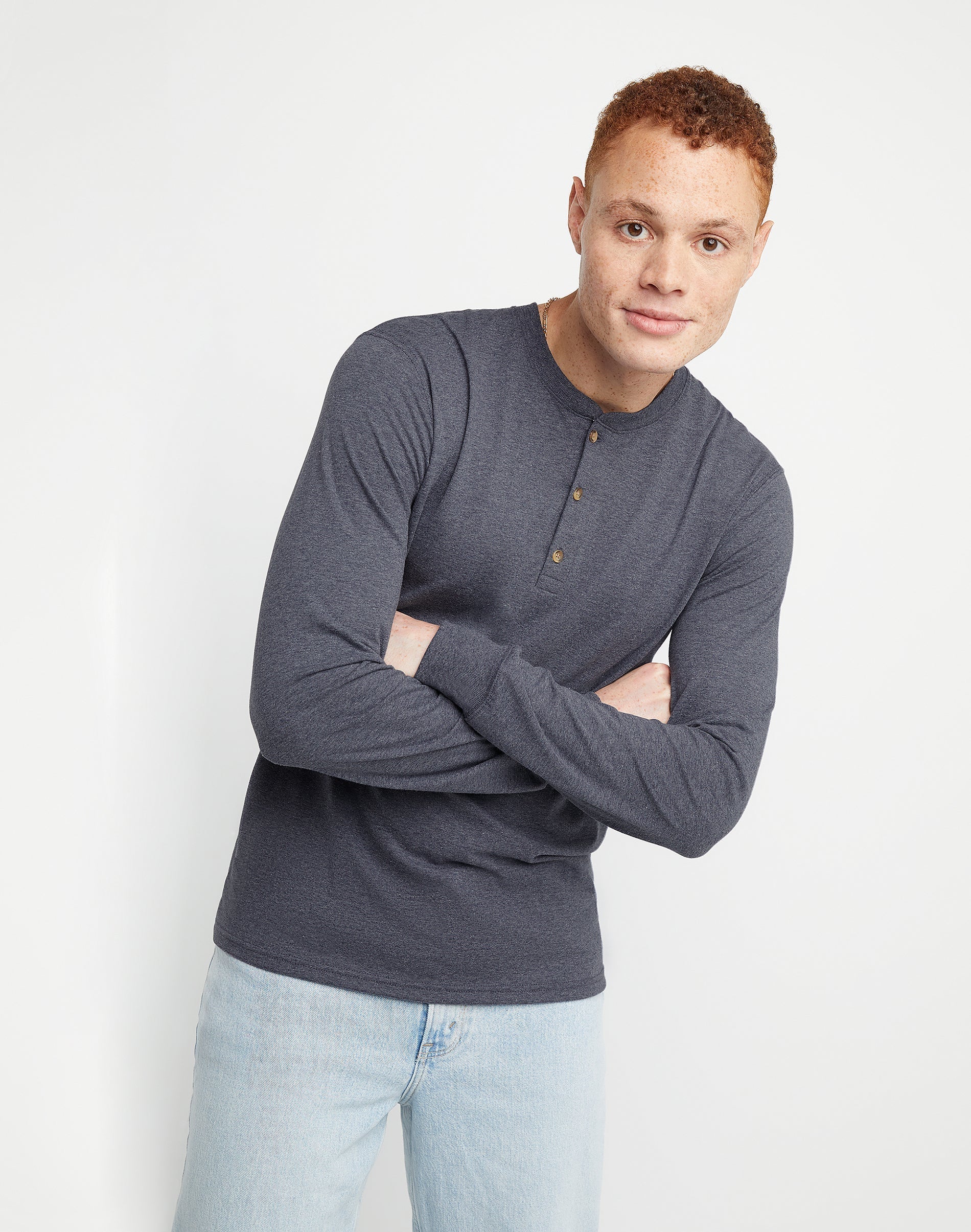 Hanes Originals Men’s Long Sleeve Henley Shirt Athletic Navy Heather