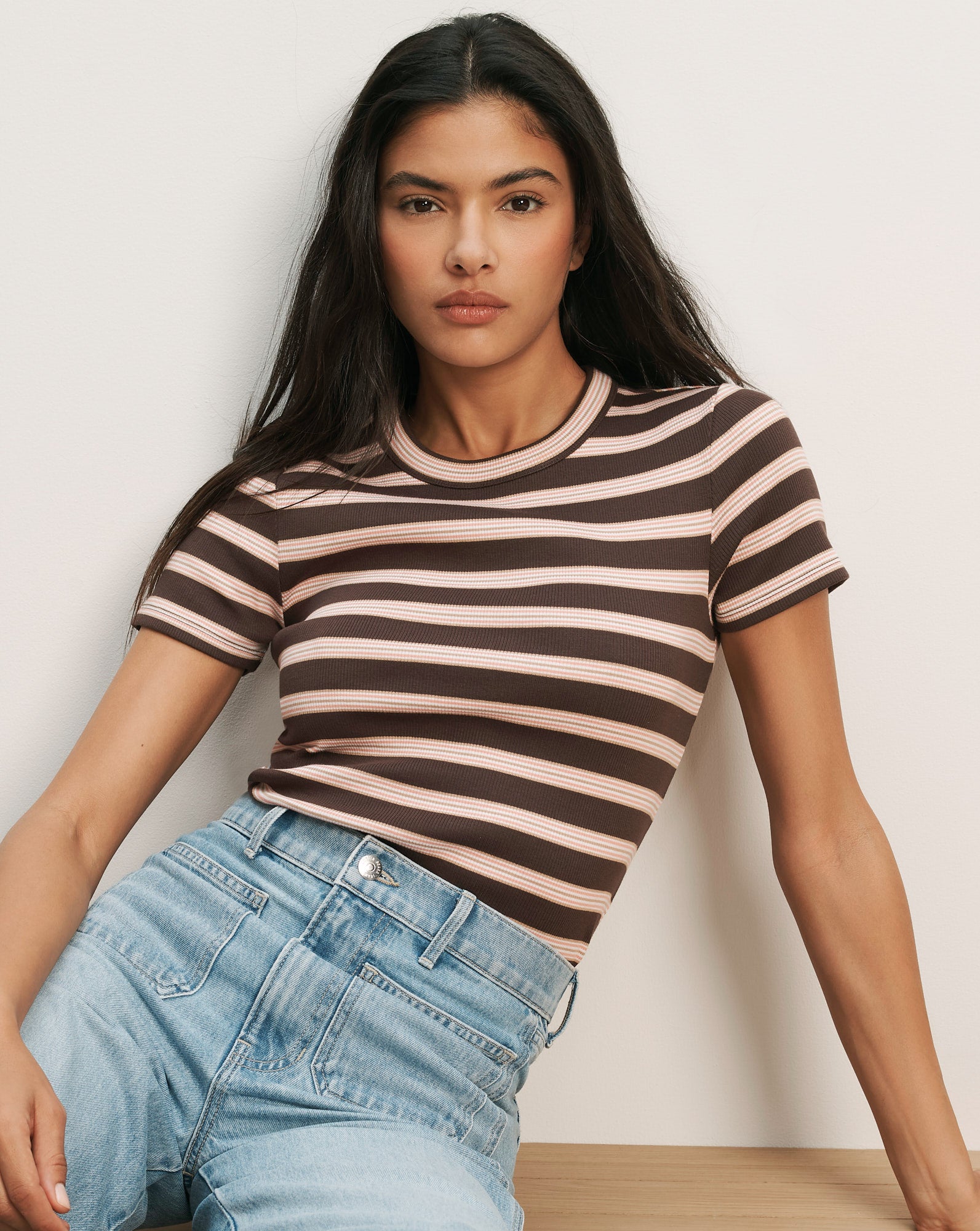 Veronica Beard Pruitt Striped Ribbed Shirt Brown Stripe Veronica Beard Pruitt Striped Ribbed Shirt Brown Stripe
