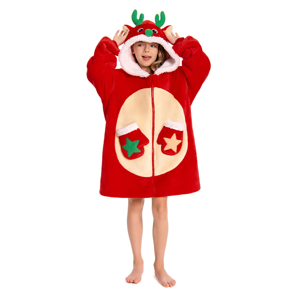 Kids OLAOLA Red Reindeer Zipper Wearable Blanket Hoodie Animals Onesie Oversized Soft Christmas Homewear Kids OLAOLA Red Reindeer Zipper Wearable Blanket Hoodie Animals Onesie Oversized Soft Christmas Homewear