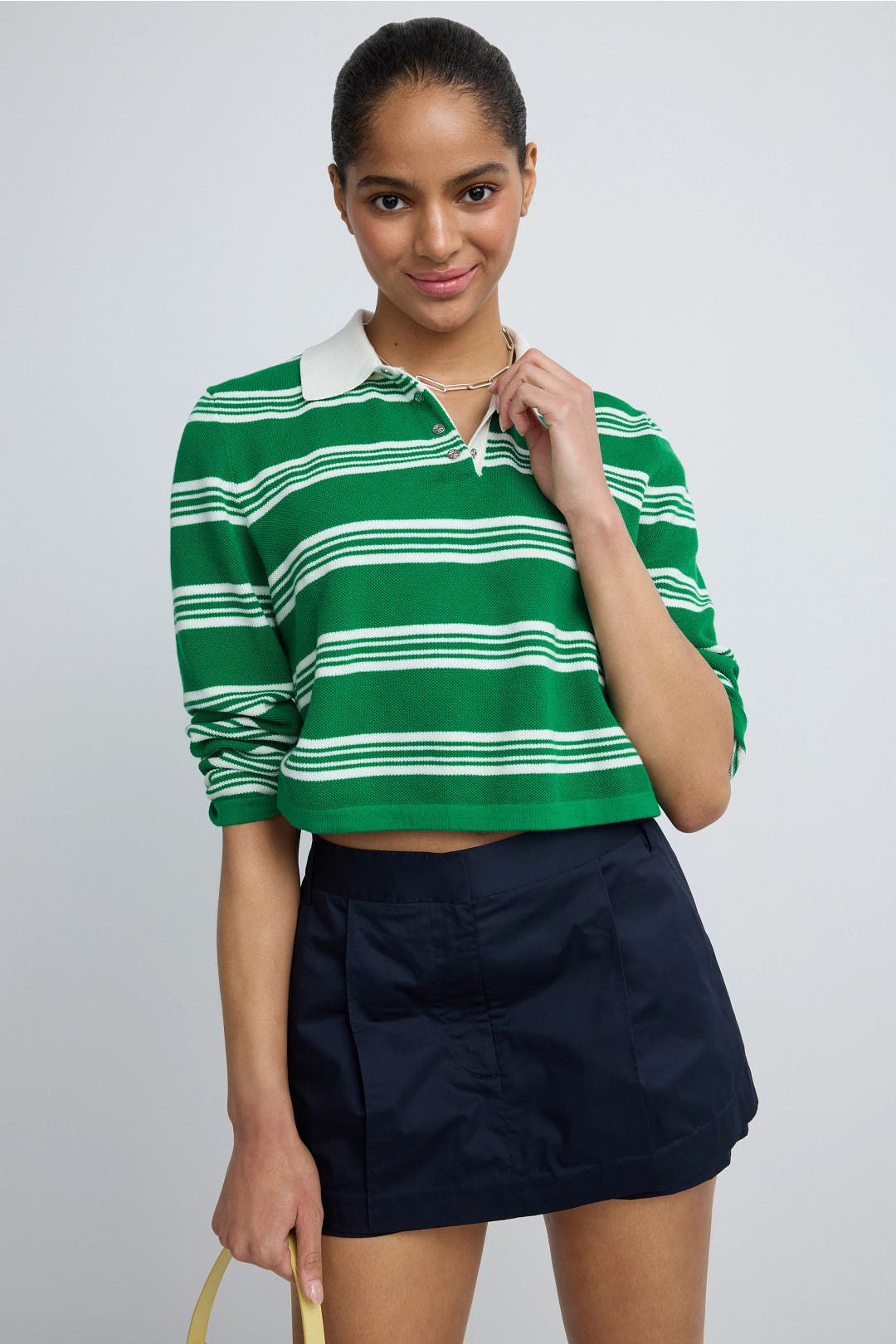 Maje Striped Cropped Rugby Polo Shirt Green-white-print Maje Striped Cropped Rugby Polo Shirt Green-white-print