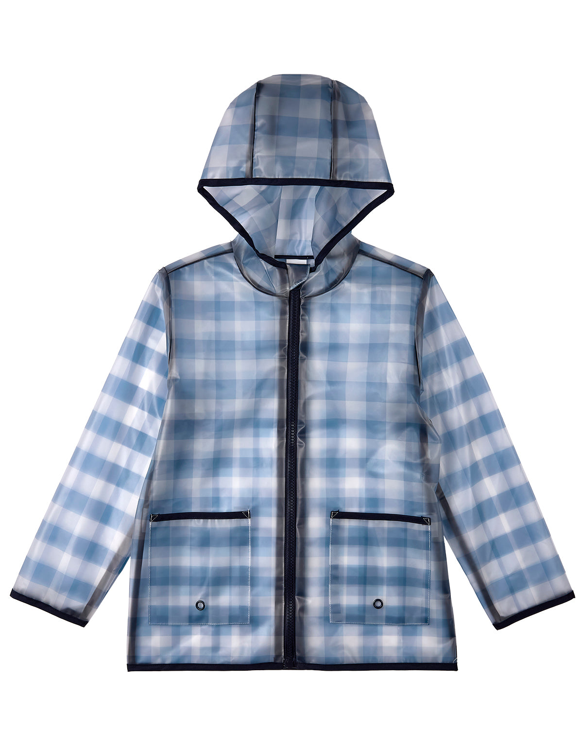 Kids “Checkmate” Checkered Raincoat with Self-Storage Pouch – Navy